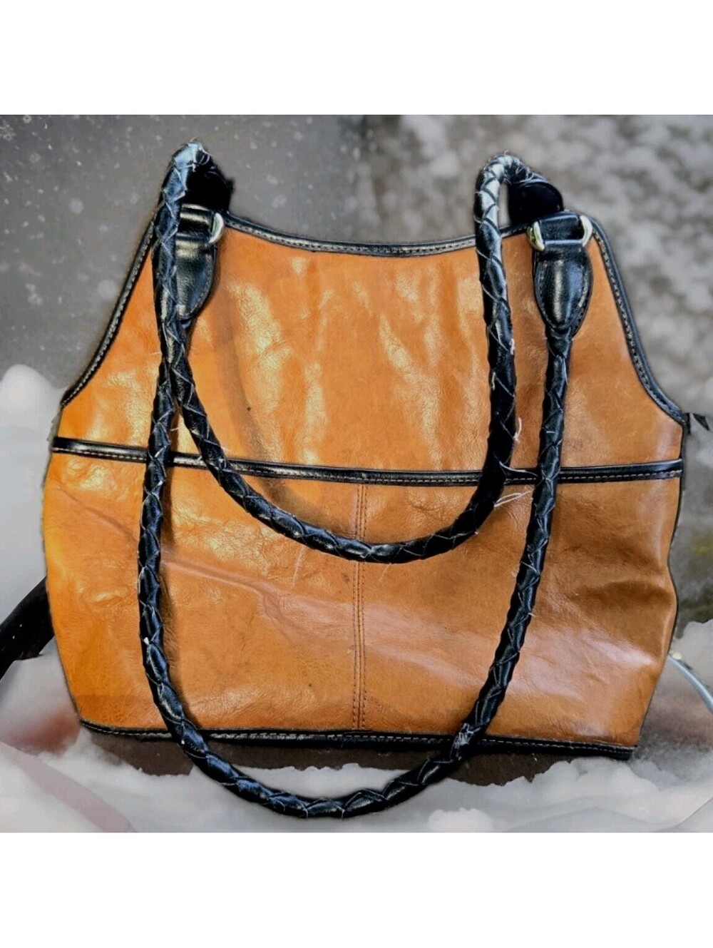 Vintage Ego Hand Bag Black and Tan  Leather Satchel Shoulder Purse 12W"x10T"x4"D
